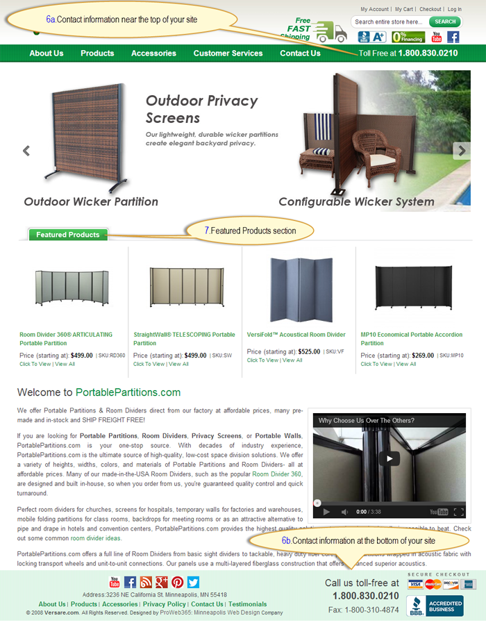 Contact info. and Featured Products locations